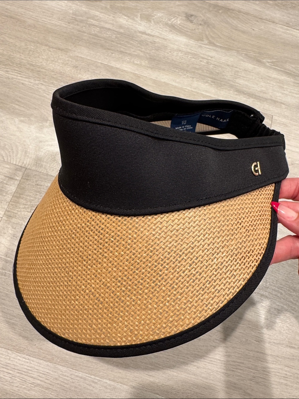 Cole Haan Black and Natural Straw Visor with Gold Logo